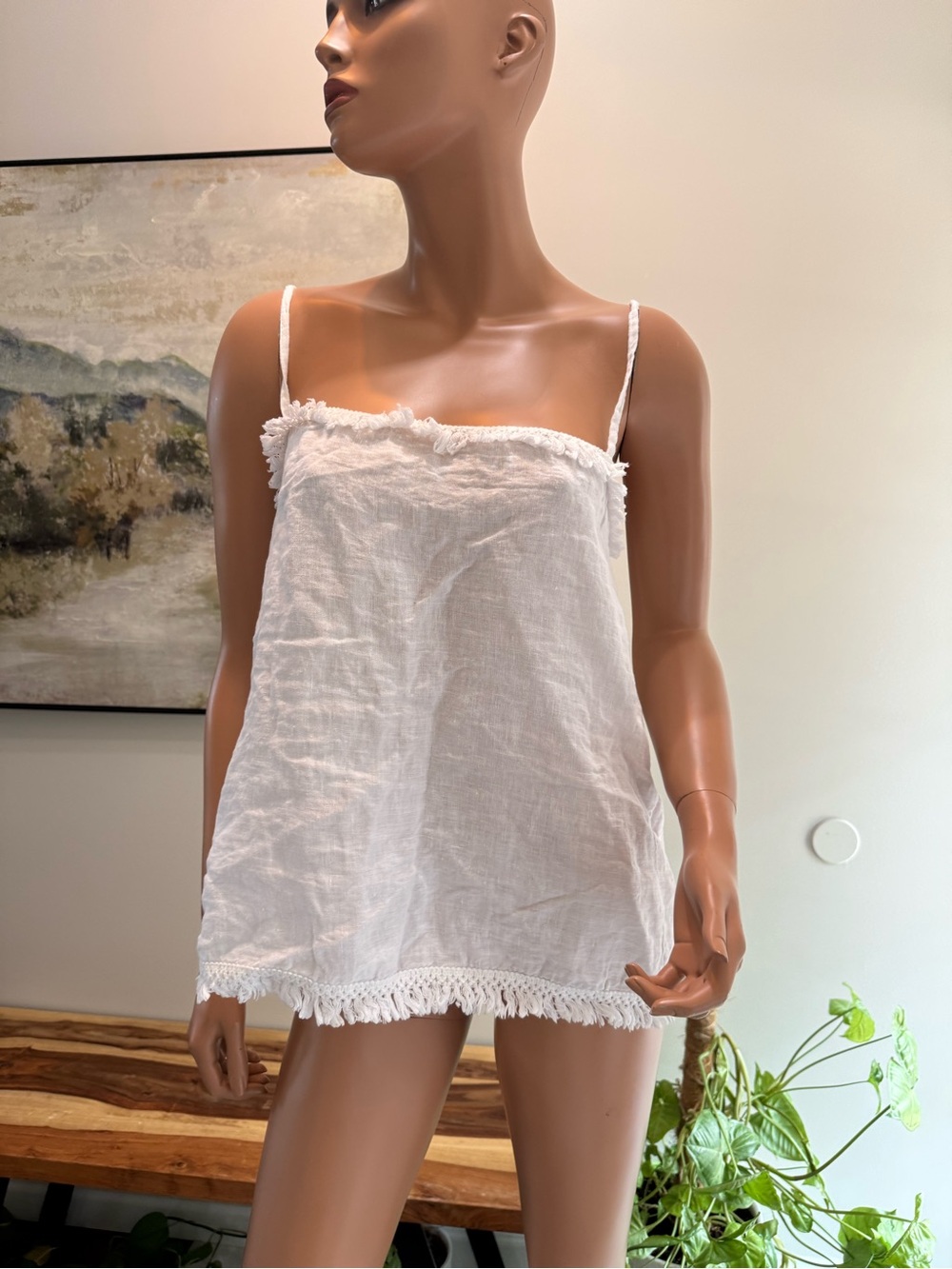 Women's White Linen Fringe-Trim top sleeveless medium / large Francesca bettini